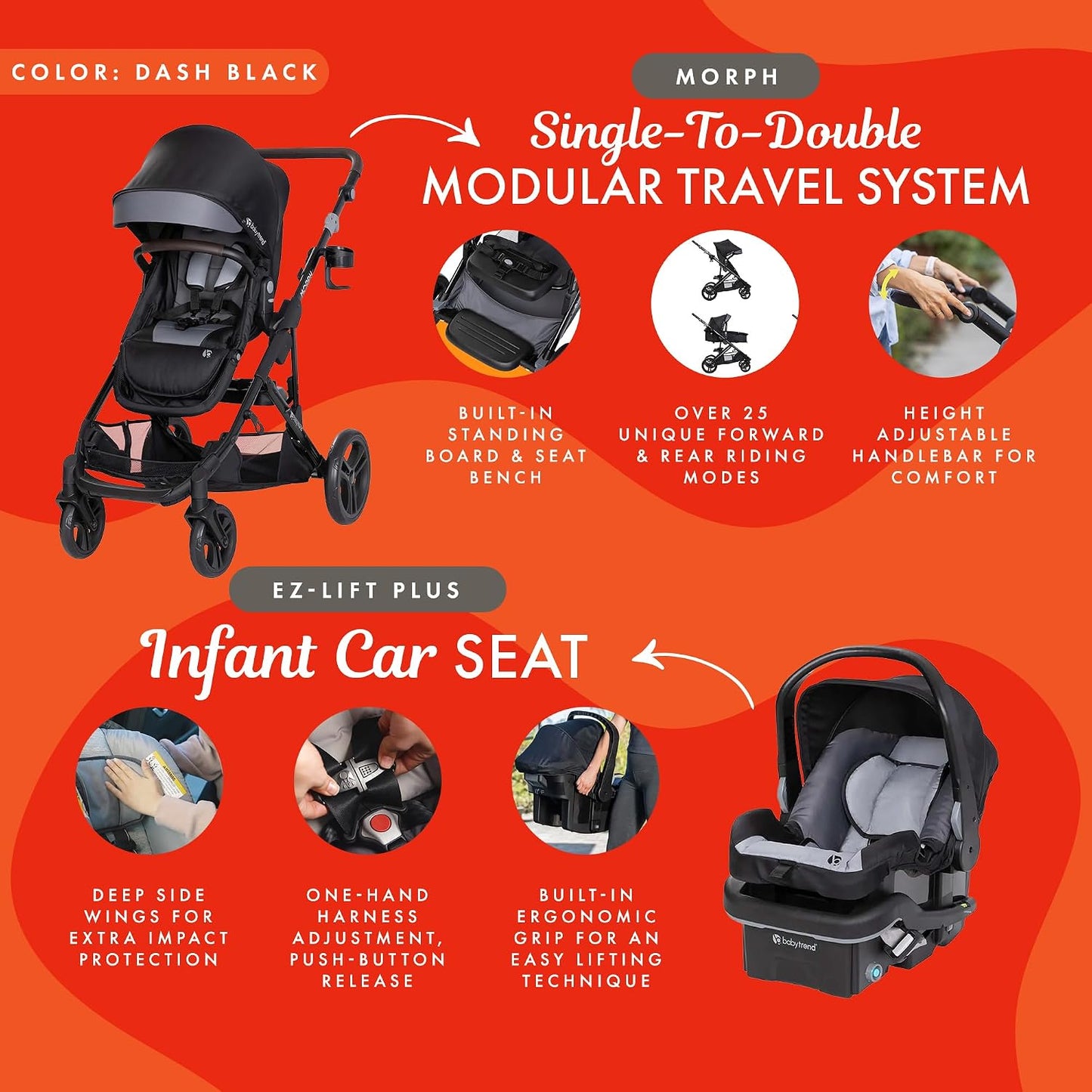 Baby Trend Single to Double Stroller & EZ-Lift Plus Infant Car Seat Combo, Dash Black - Lightweight and Compact Travel System Tandem for Babies, Infants, and Toddlers