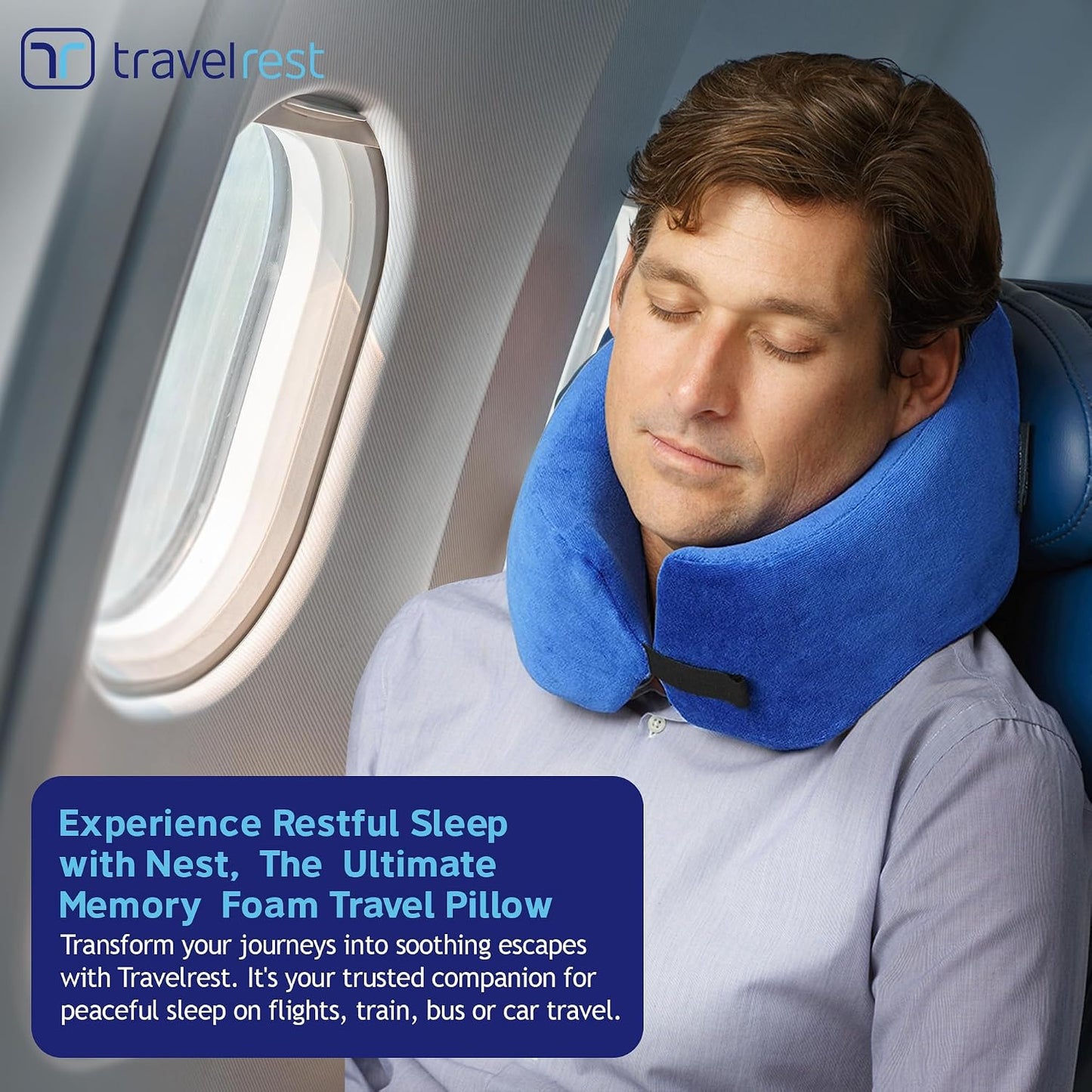 TRAVELREST Sleep Neck Pillow Travel - Travel Essentials, Memory Foam, Neck Support Pillow for Long Flight, Plane Sleeping Accessories, Anti-Slip and Comfortable, Washable, Attaches to Luggage - Blue