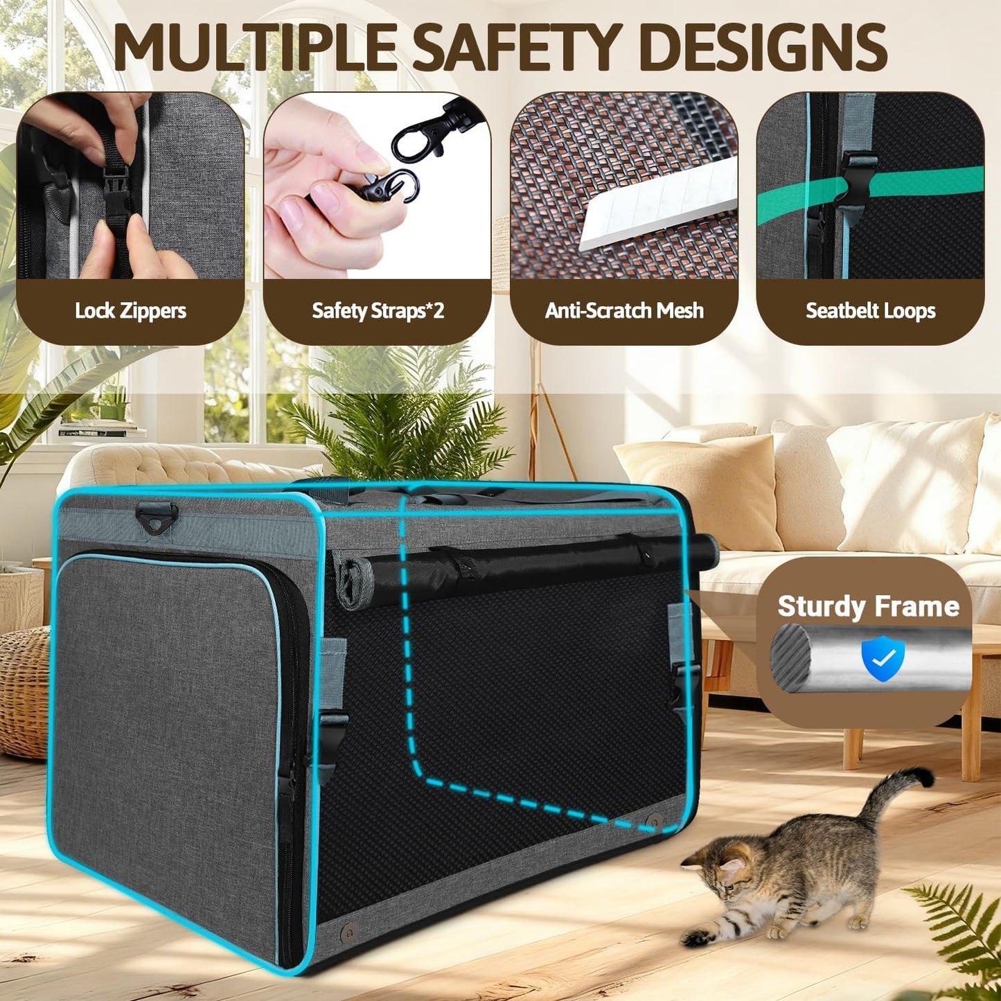 Petskd Side Expandable Extra Large Cat Car Carrier with Collapsible Litter Box for Long Distance Travel,24"x17"x17" Portable Soft Sided Pet Carrier with Roller Shades for 2 Cats Up to 55LBS(Grey)