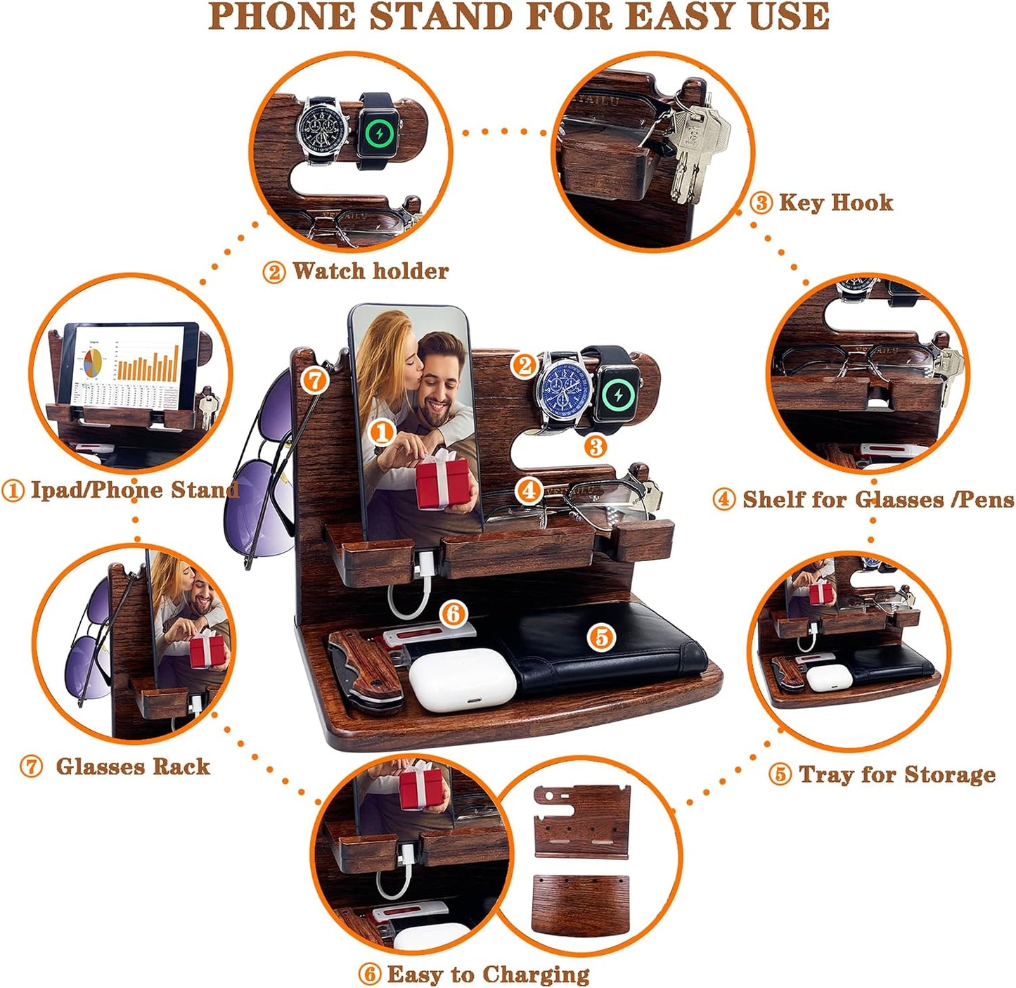 VEIYAILU Gifts for Men Women Dad Husband Boyfriend Wood Phone Docking Station Nightstand Organizer for Men Birthday Gifts (Dark Brown)