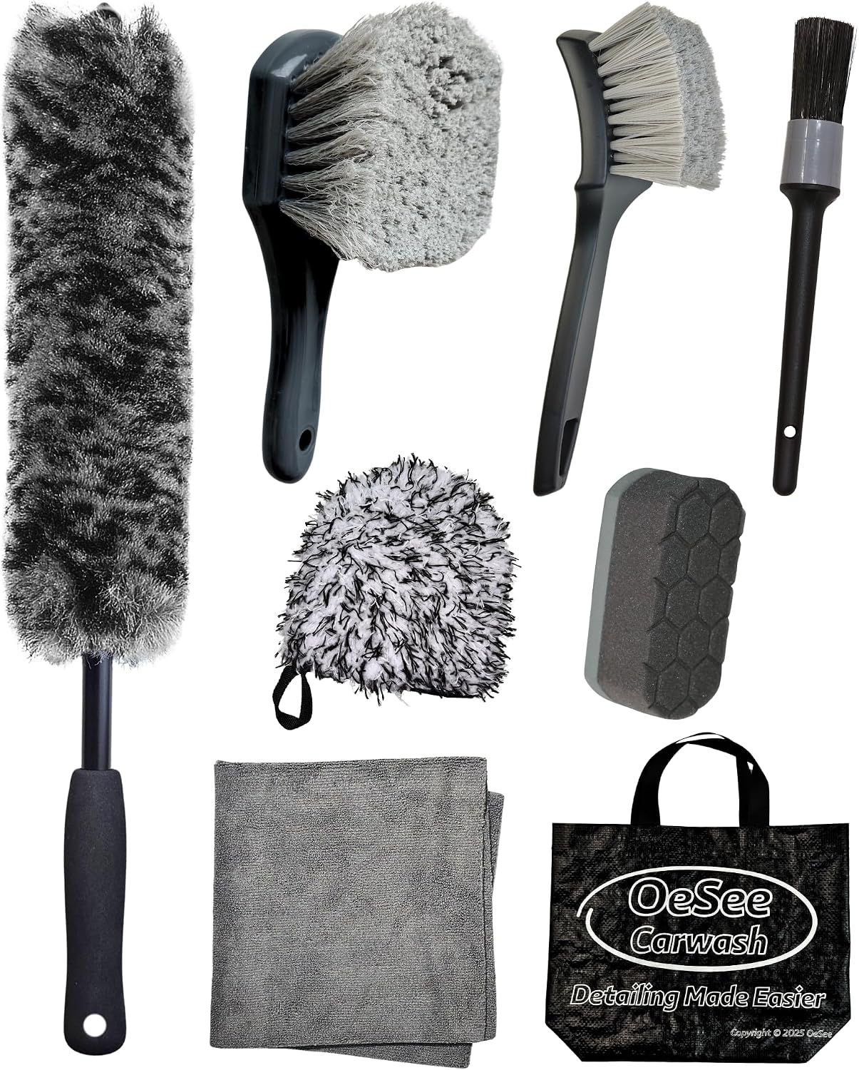 oesee 8PCS Pro Wheel Cleaning Kit - Synthetic Wool Brushes, Detailing Brush, Tire Brush, Wash Mitt, Drying Towel & Carry on Bag - Scratch-Free Rim Cleaning Kit