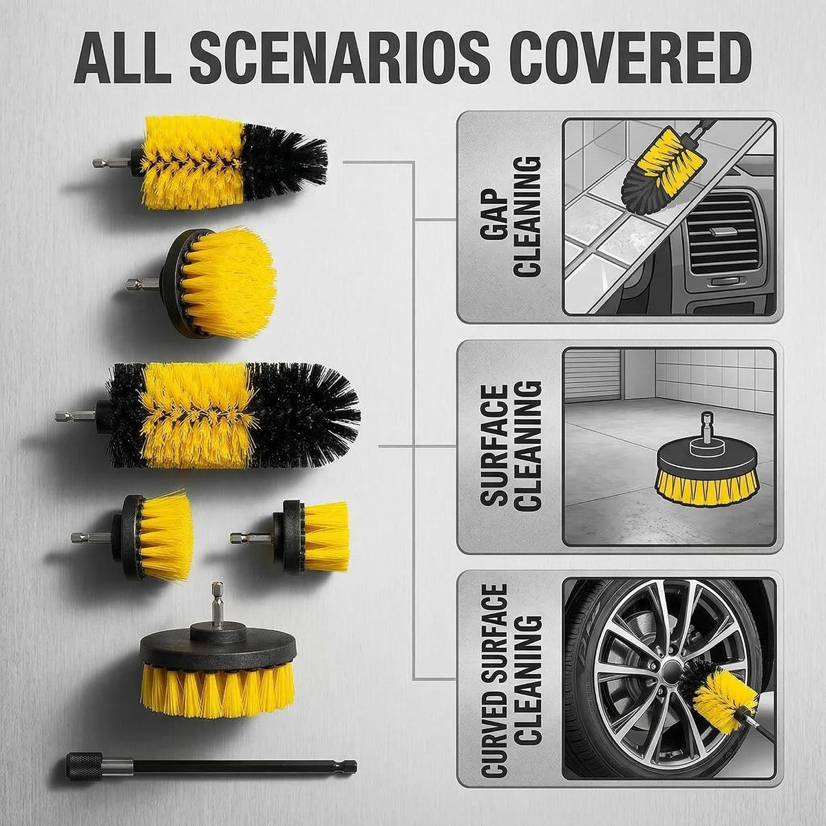 7-Piece Scrubber Brush Kit with Extension Rod, Nylon Bristle for Drill