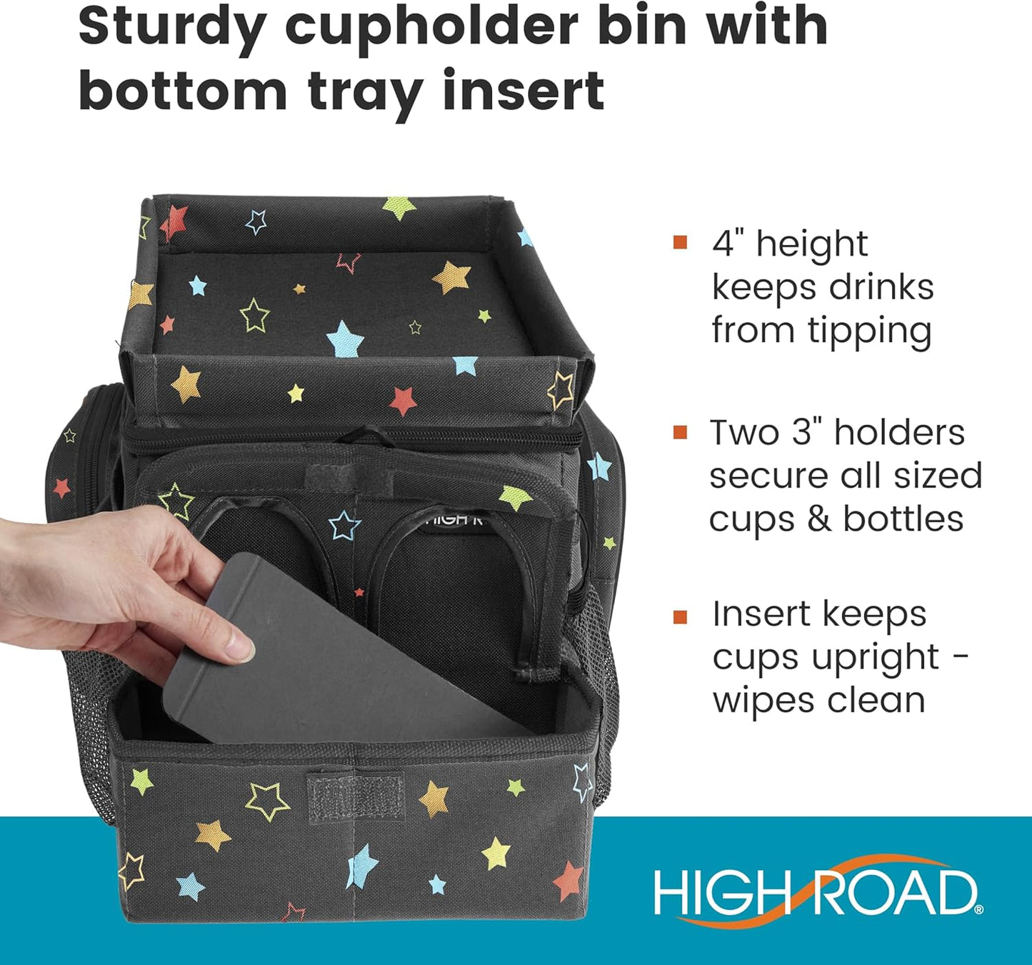 High Road CarHop Car Caddy Organizer with Road Trip Cooler, Car Cup Holder Bin, Sturdy Snack and Play Lid and 6 Organization and Storage Pockets, Starry Night