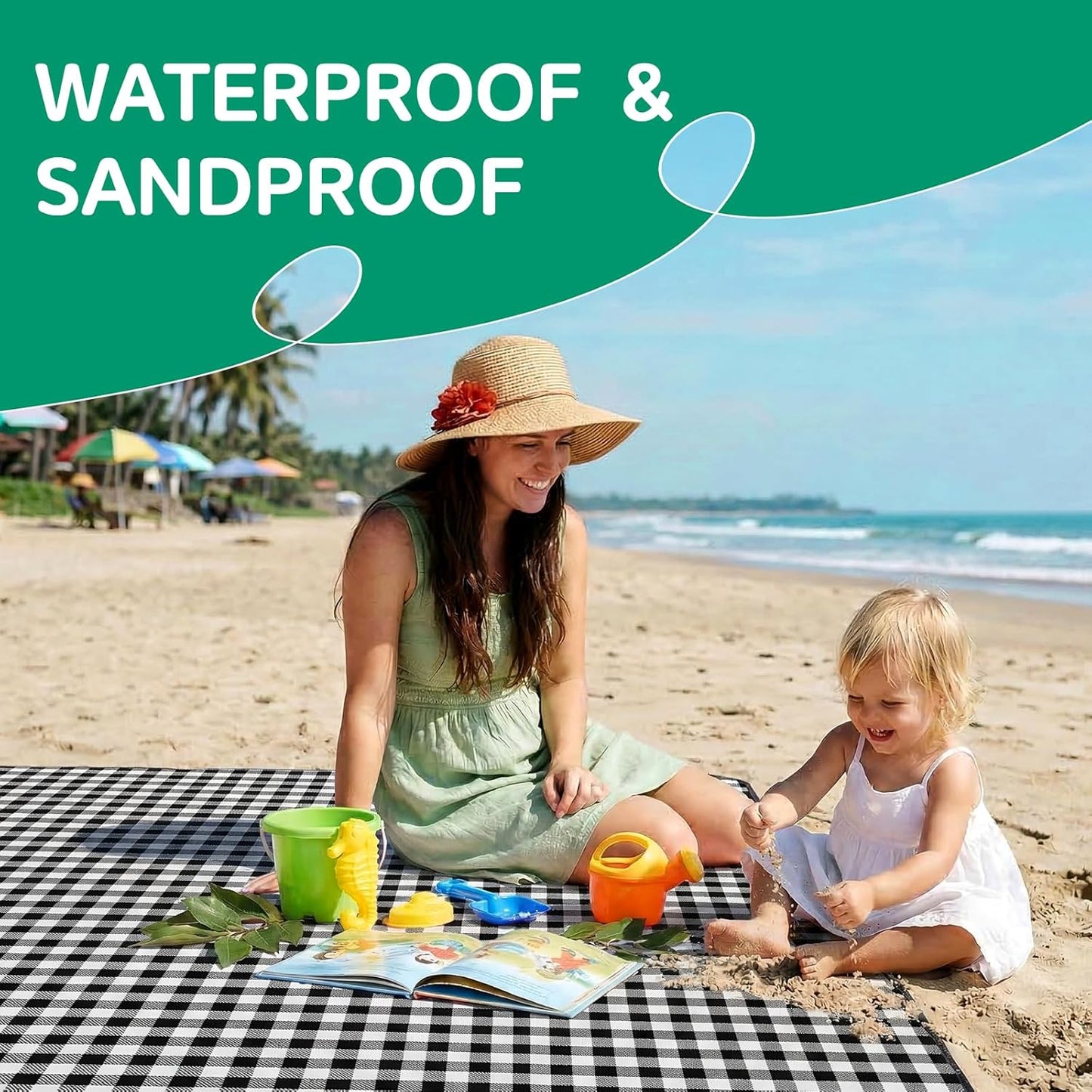 RYCHIC Waterproof Beach Blanket Picnic Camping Mat Rug Extra Large Portable Umbrella Wagon Folding Pop Tent Sun Shelter Shade Canopy Ball Cart Anchor Fan Mesh Rubber Bag Tote Toallas Manta de Playa