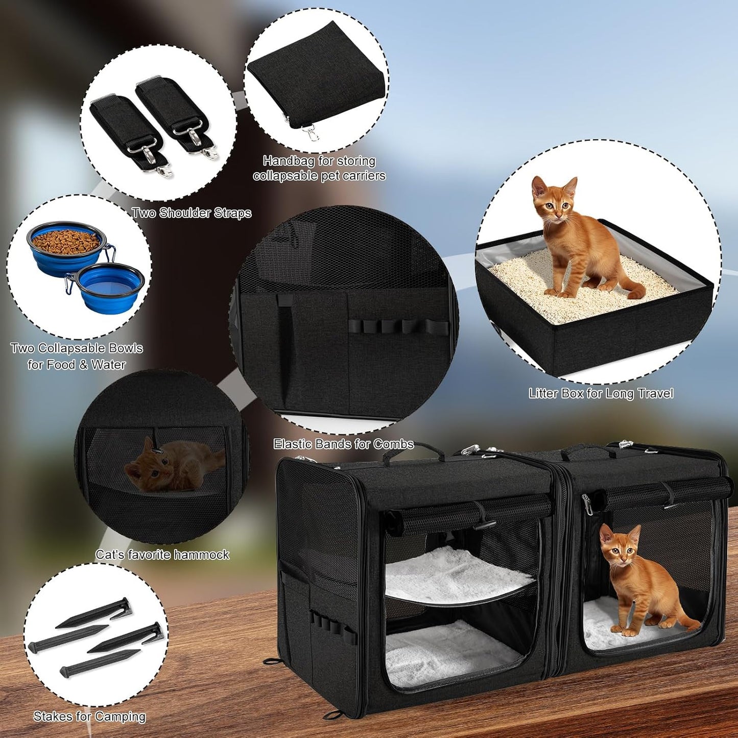 Extra Large Cat Carrier for 2 Cats with Travel Litter Box, 2-in-1 Foldable Soft Pet Car Travel Carrier with Zipper Locks for Multiple Cats Small Dogs Up to 45 Lbs, Black
