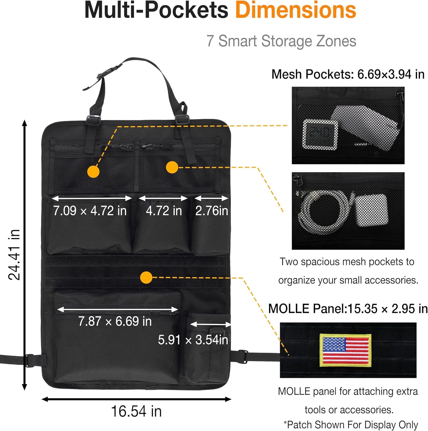 Tactical Car Seat Back Organizer with 7 Pockets and Zipper Pocket, MOLLE Seat Organizer with Hook & Loop Panel, Universal Fit for Car SUV Truck Jeep