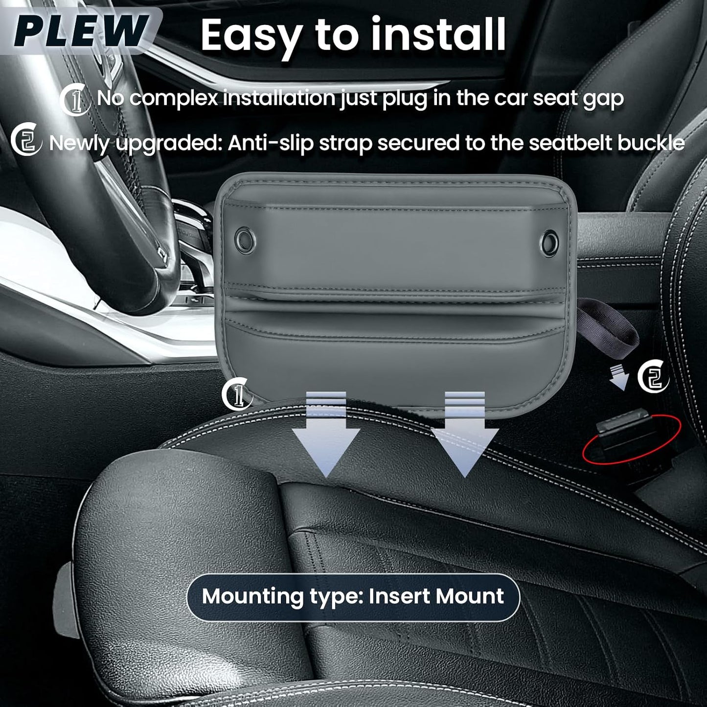 2-Pack Car Seat Gap Filler Organizer - Upgraded Anti-Slip Strap Design - Premium Leather Side Console Pocket - Prevent Phone Falling - Universal Fit Car Essentials for SUV, Truck & Sedan, Grey