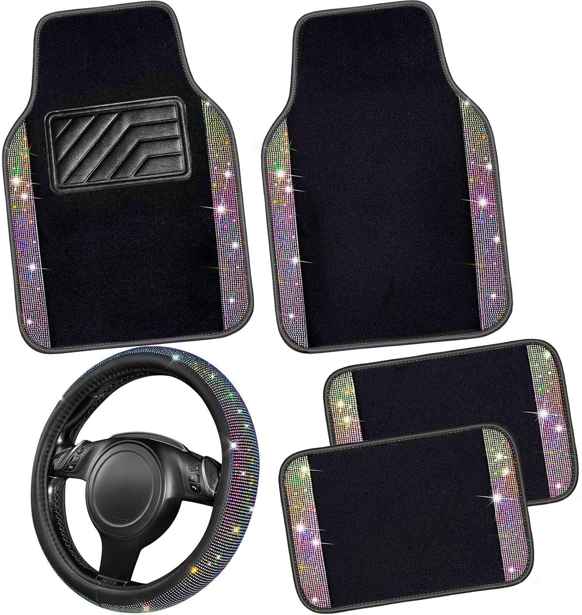 CAR PASS Bling Diamond Leather Steering Wheel Cover 14.5in-15in Floor Mats Shining Rhinestone Carpet Sparkly Glitter Crystal Anti-Slip Pad Fit Automotive SUV Pickup Truck Girl Women, 5pcs Multicolor