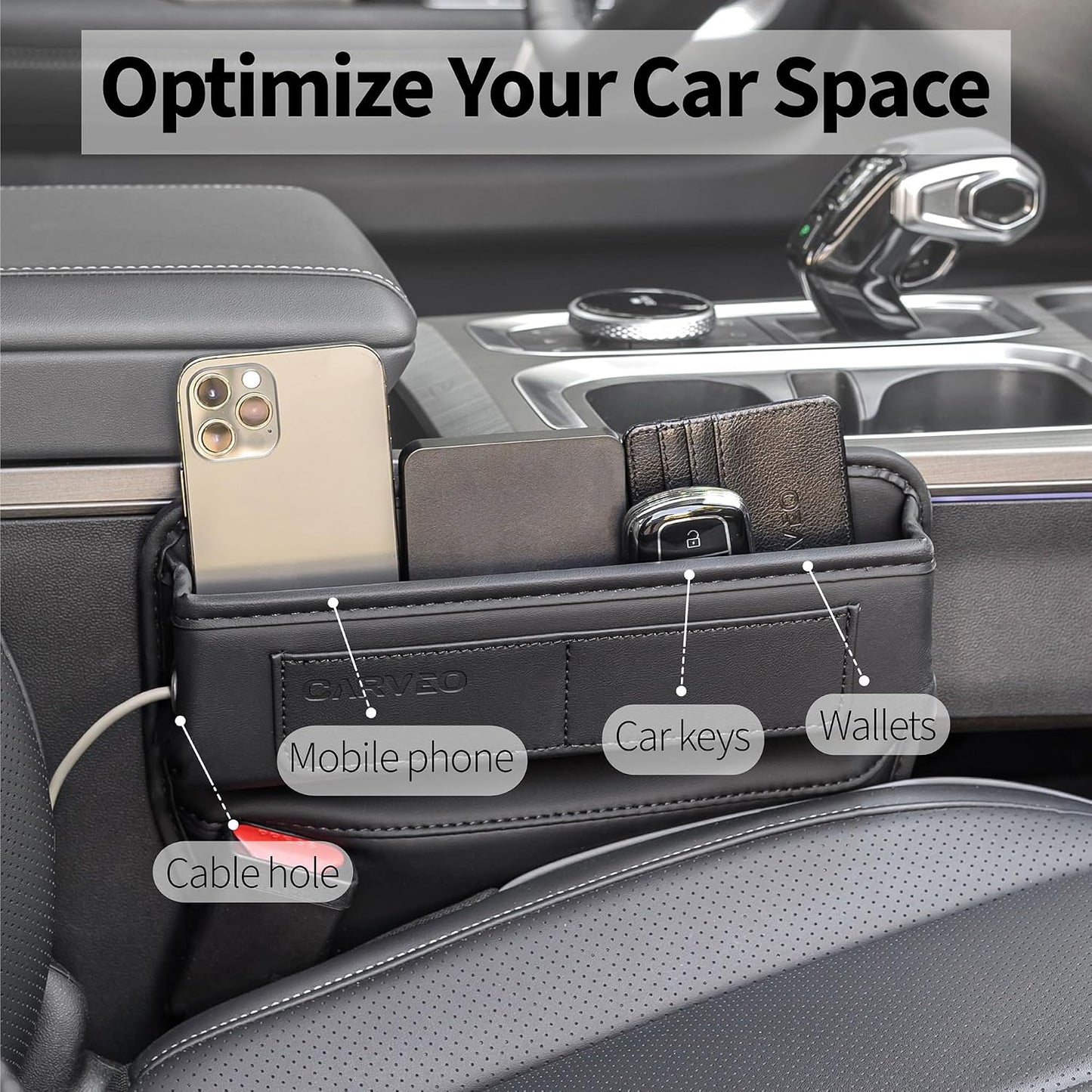 Car Seat Gap Filler Organizer with Charging Hole, In Between Car Seat Catcher for Car, Truck, SUV, Premium PU Leather Interior Accessories, Console Organizer for Phone, Keys and Small Items – Black
