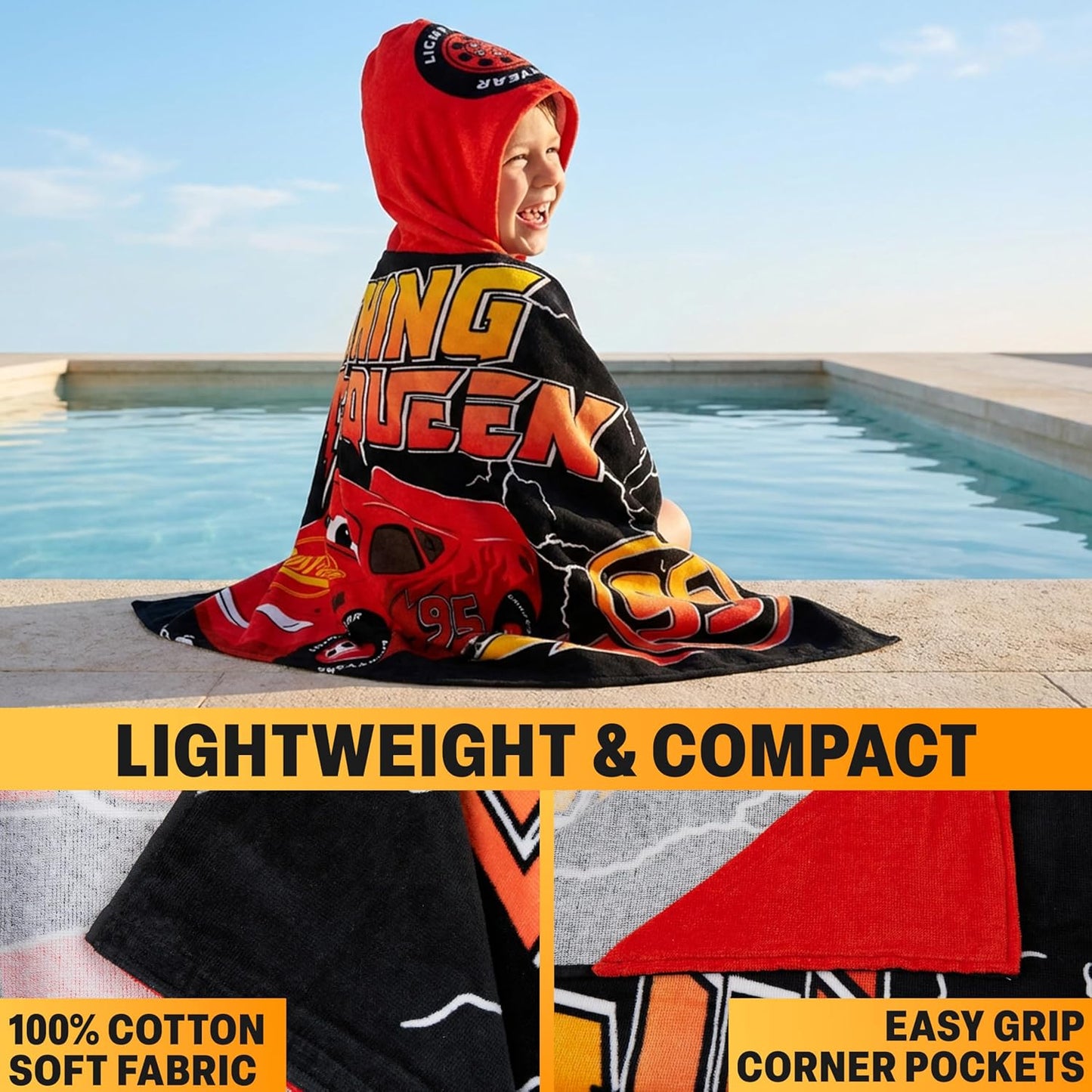 Disney Pixar Cars Bath Towels with Hood for Boys, Ages 2-6, Lightning McQueen Soft and Absorbent Hooded Cotton Beach Towel Wrap, Swimming Pool Poncho, Gifts for Boys (Red/Black Cars)