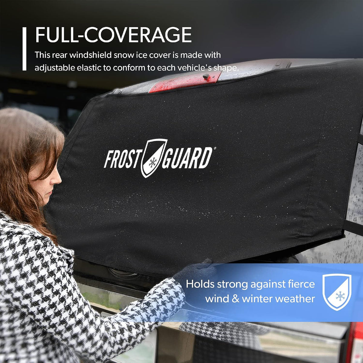FrostGuard Rear Windshield Cover for Ice and Snow, For SUVs and Trucks - Rear Window Cover to Reduce Scraping, Elastic to Conform to Vehicle's Shape - Secure Hooks for Snug Fit - Black, 59 x 20 Inches