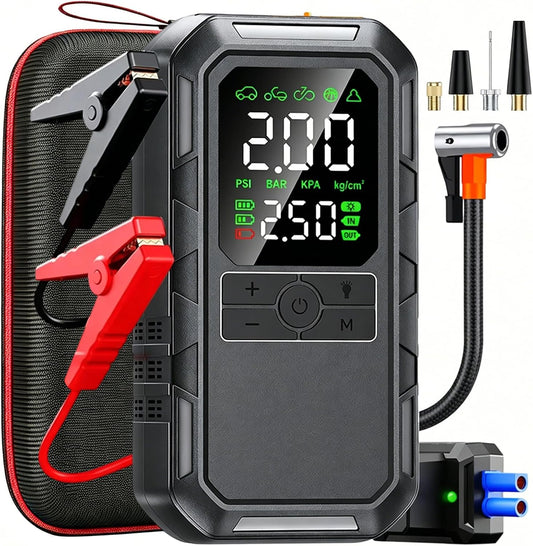 10-in-1 8000A Jump Starter with Air Compressor Portable, 12v Car Battery Jumper Starter with LED Flash Function, 180spi Air Pump Tire Pressure Display Supports 7L Gasoline and 6L Diesel Engine