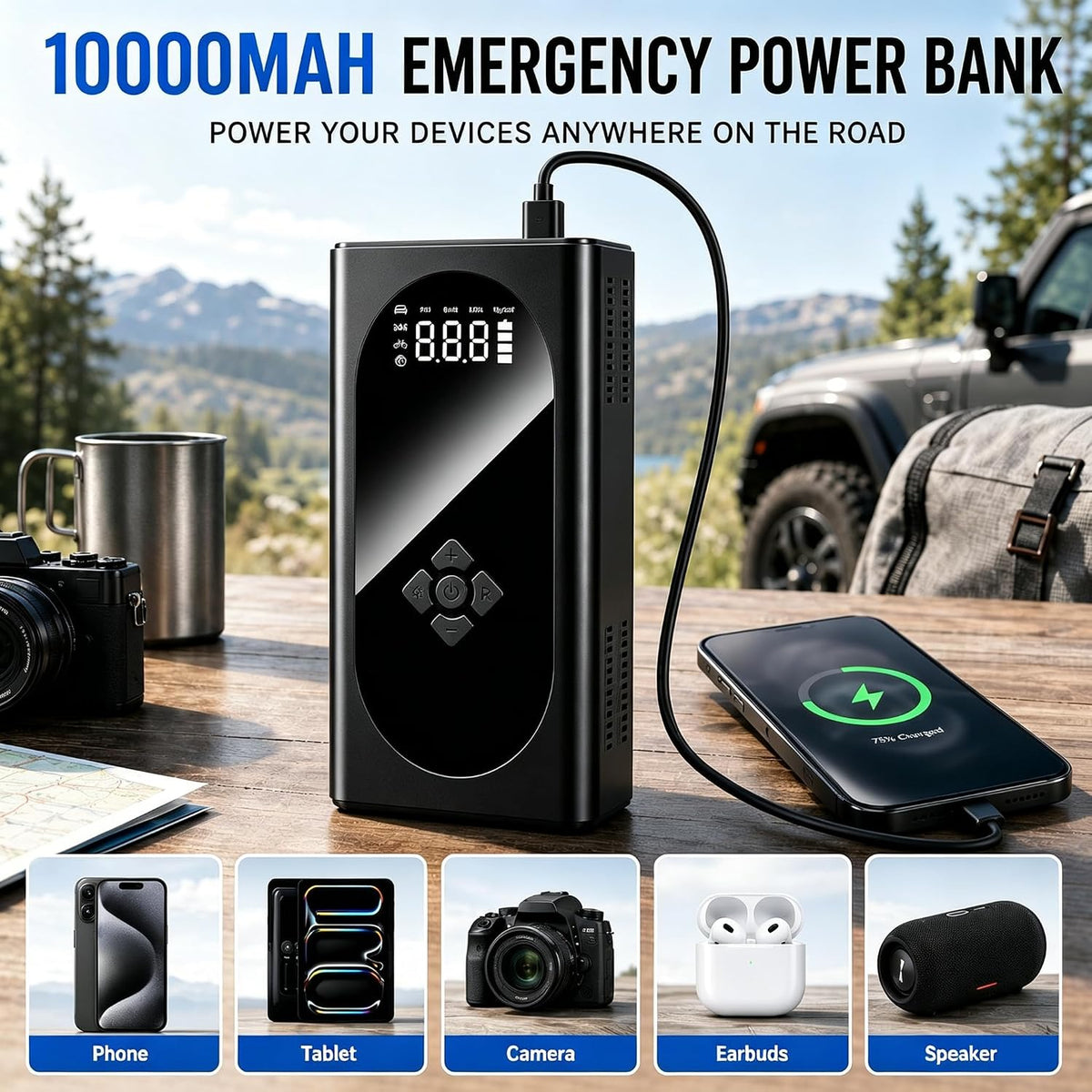 8000A Car Battery Jump Starter with Air Compressor, 150 PSI Tire Inflator
