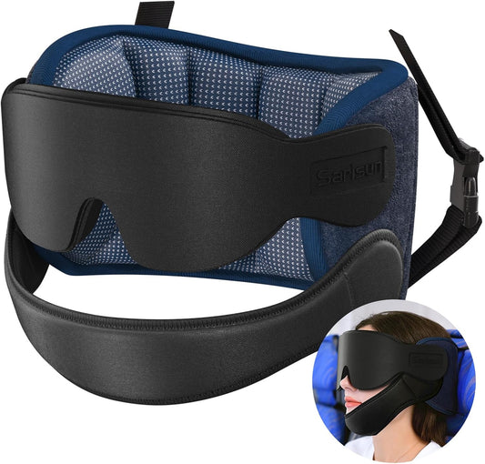 SARISUN Travel Pillows for Airplanes with Sleep Eye Mask, Chin Strap, Airplane Pillow for Long Flights, Car Road Trip, 360° Support Headrest, Travel Essentials Stop Bobblehead, Mottled Blue