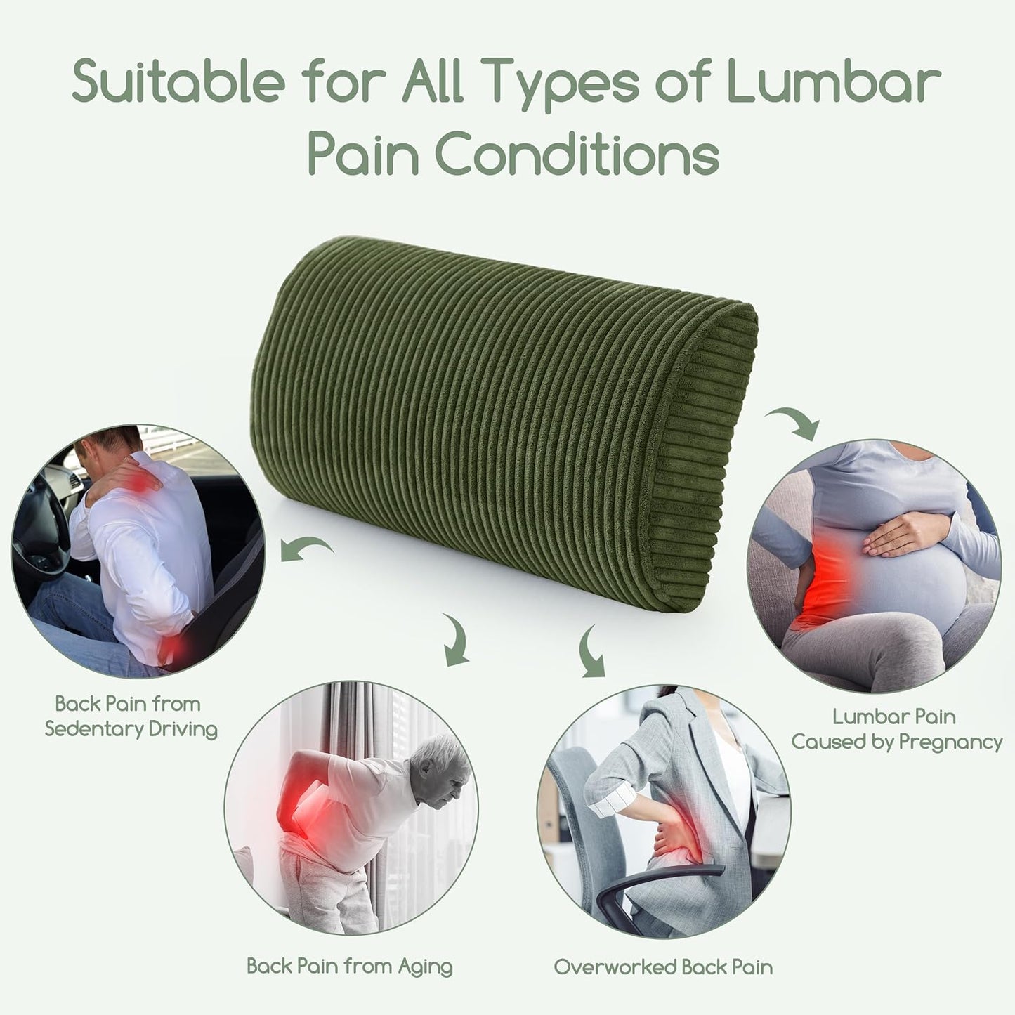HIGOGOGO Lumbar Support Pillow for Recliner Chair/Accent Chair/Couch, Memory Foam Back Support Cushion for Elderly, Recliner Cushions for Back Rest, Pain Relief, Reading, Washable Cover, Dark Green
