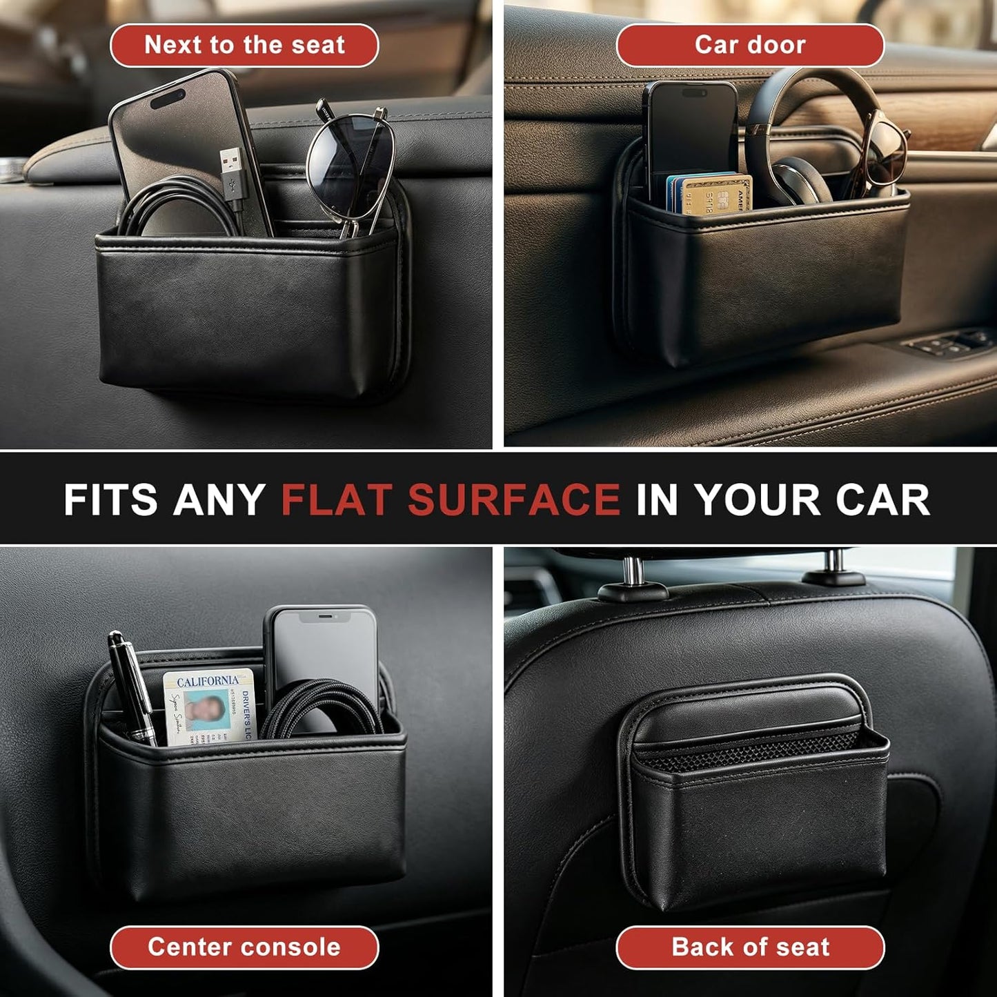 Car Seat Side Organizer, PU Leather Adhesive Storage Pocket, Car & Truck Interior Accessories, Auto Door Console Gap Filler, Sunglass Holder & Phone Pouch for Keys, Wallet, Cards, Pen, Black