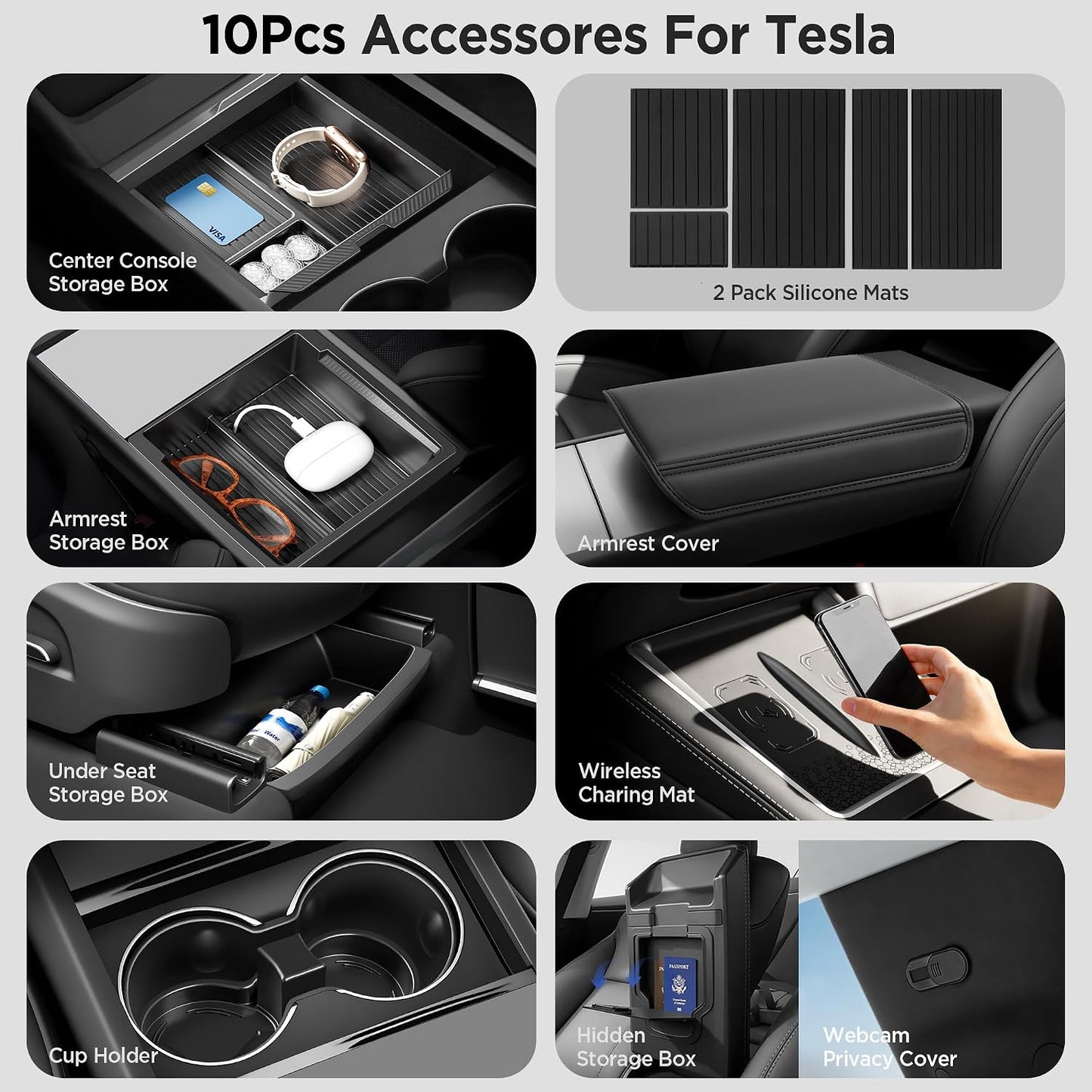 10PCS Center Console Organizer for Tesla New Model Y Juniper (Premium & Performance) Under Seat Storage Armrest Cover Hidden Storage Charger Pad for Tesla Model Y Accessories 2025 2026 Black