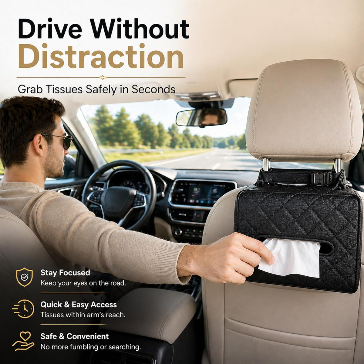 Luxury Quilted Car Tissue Holder – Headrest-Mounted Tissue Box for Cars, SUVs & Trucks – PU Leather Tissue Dispenser with Secure Strap – Easy One-Hand Access (Black)