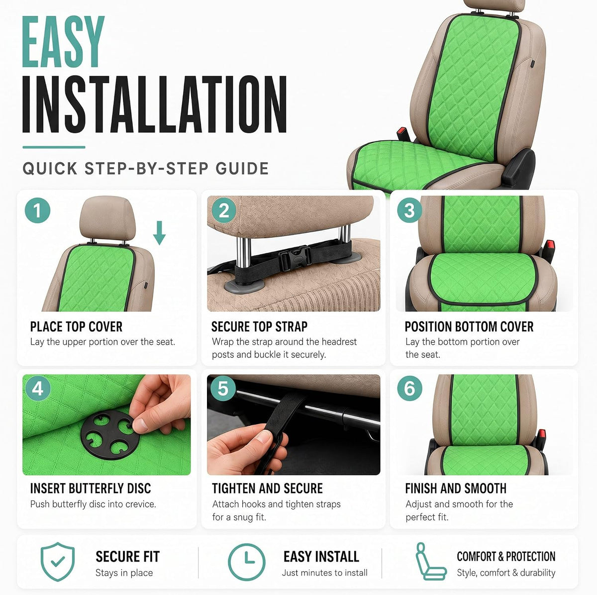 FH Group Car Seat Cushion – Neosupreme Single Front Seat Cover with Front Pockets, Airbag Compatible, Universal Fit Car Seat Cushion for Driver or Passenger Seat, SUV, Truck, Sedan & Van – Green