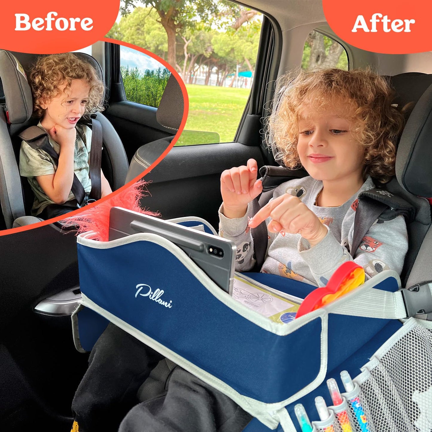 PILLANI Kids Travel Tray for Car - Toddler Travel Essential with iPad Holder & Dry Erase Board - Road Trip Essentials - Carseat Table - Toddler Lap Desk Organizer for Airplane - Kids Travel Essentials