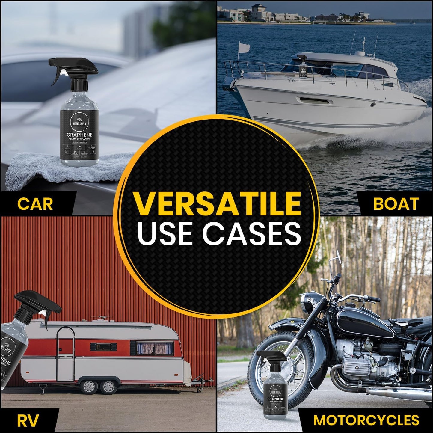 Magic Shield Graphene Ceramic Spray Coating - LAST SO LONG! Quick & Easy for Cars, Motorcycles, Boats & More - Professional-Grade Sealant for Maximum Gloss & Shine - Waterless Wash & Wax - 9oz Bottle