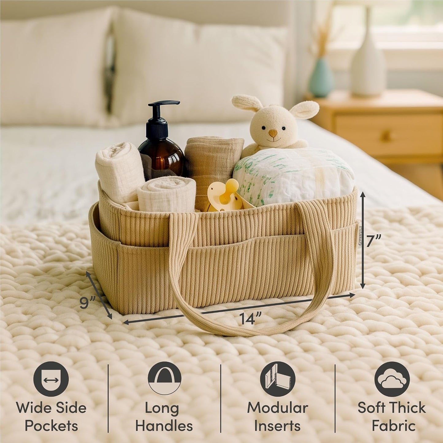 PUTSKA Baby Diaper Caddy Organizer for Changing Table – Stylish Nursery Storage Basket, Newborn Essentials, Baby Shower Gifts and Registry Must-Haves for Boy or Girl, Car Diaper Caddy, Corduroy Mocha