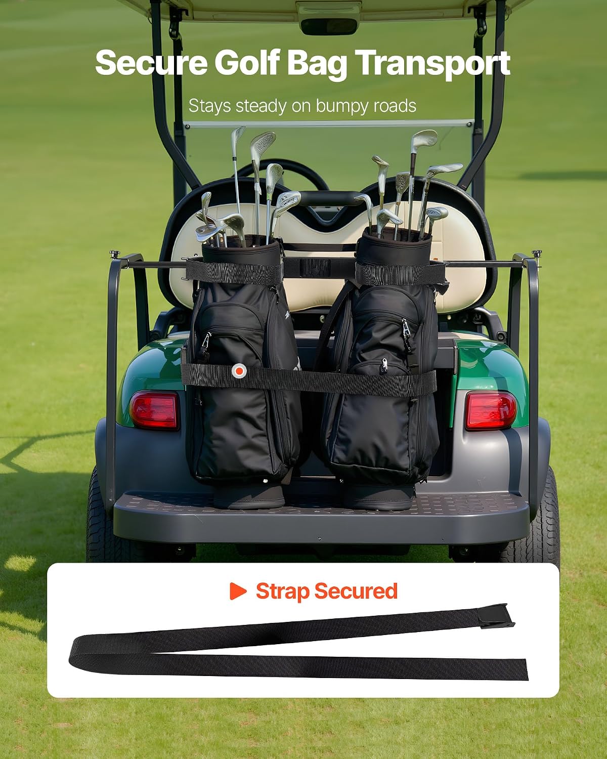 VEVOR Golf Cart Bag Holder, Compatible with Yamaha, EZGO, Club Car, Most Golf Cart Rear Seat with 1.2 Inch Square Tubes, Adjustable Rear Seat Carts Club Holder with Strap, No Drilling Required