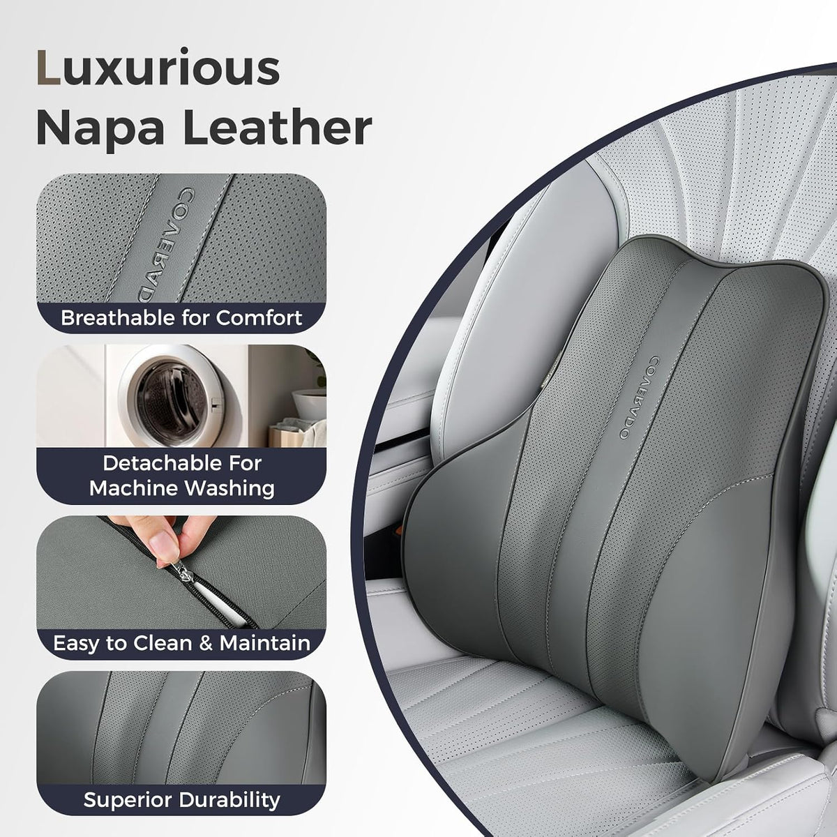 Coverado Lumbar Support Pillow for Car, Ergonomic Memory Foam Back Pillow for Office Chair, Back Cushion for Back Pain Relief, PU Leather Car Lumbar Support for Driving Seat