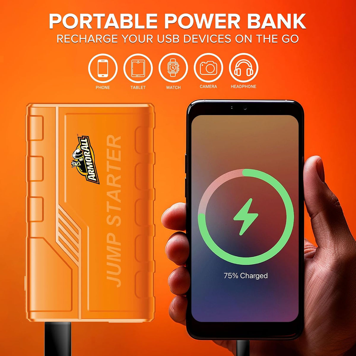 Armor All Car Jump Starter Emergency Power Bank Kit, 800 Amp Peak, 2.4 Amp Phone Charge USB Port, LED Light, Strobe, SOS, Overcharge & Discharge Protection, 7200mAh, For Cars Trucks Motorcycles & More