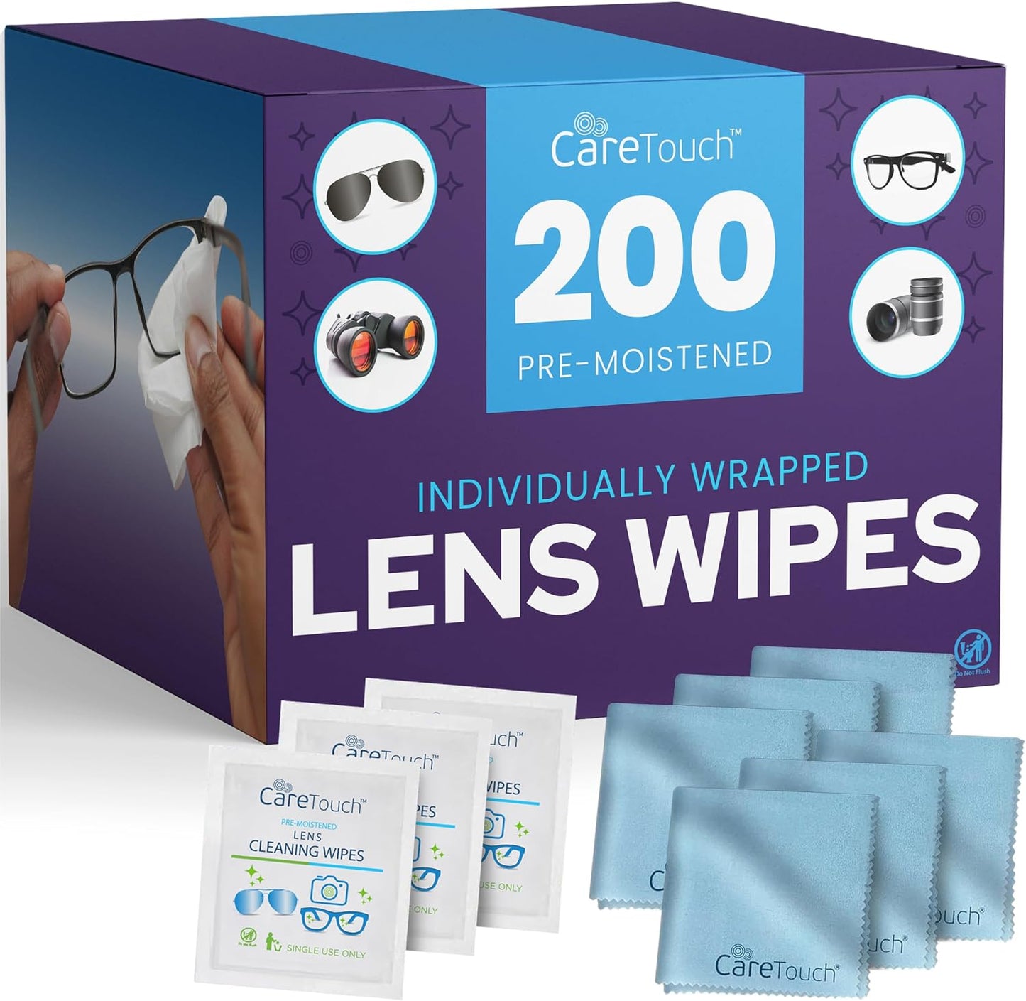 Care Touch Lens Cleaning Wipes with Microfiber Cloths - 200 Lens Wipes for Eyeglasses & 6 Microfiber Cloths - Glasses, Camera Lenses, Screens, Eye Glasses Cleaner for Cleaning Eyeglasses