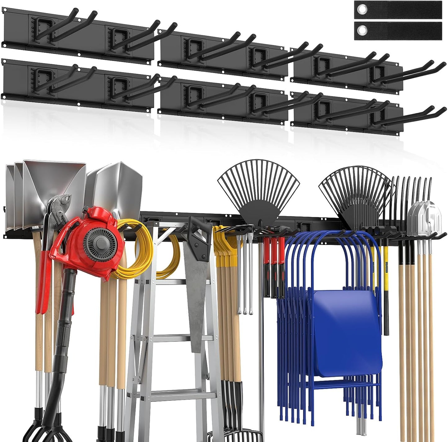 Housolution Heavy Duty Garage Wall Organizer 96 Inch - 20Pack Carries 720 lbs, Garage Tool Storage System, 6 Rails with 12 Adjustable Metal Hooks, Garden Yard Shed Rack for Rake Broom Mop Snowboard