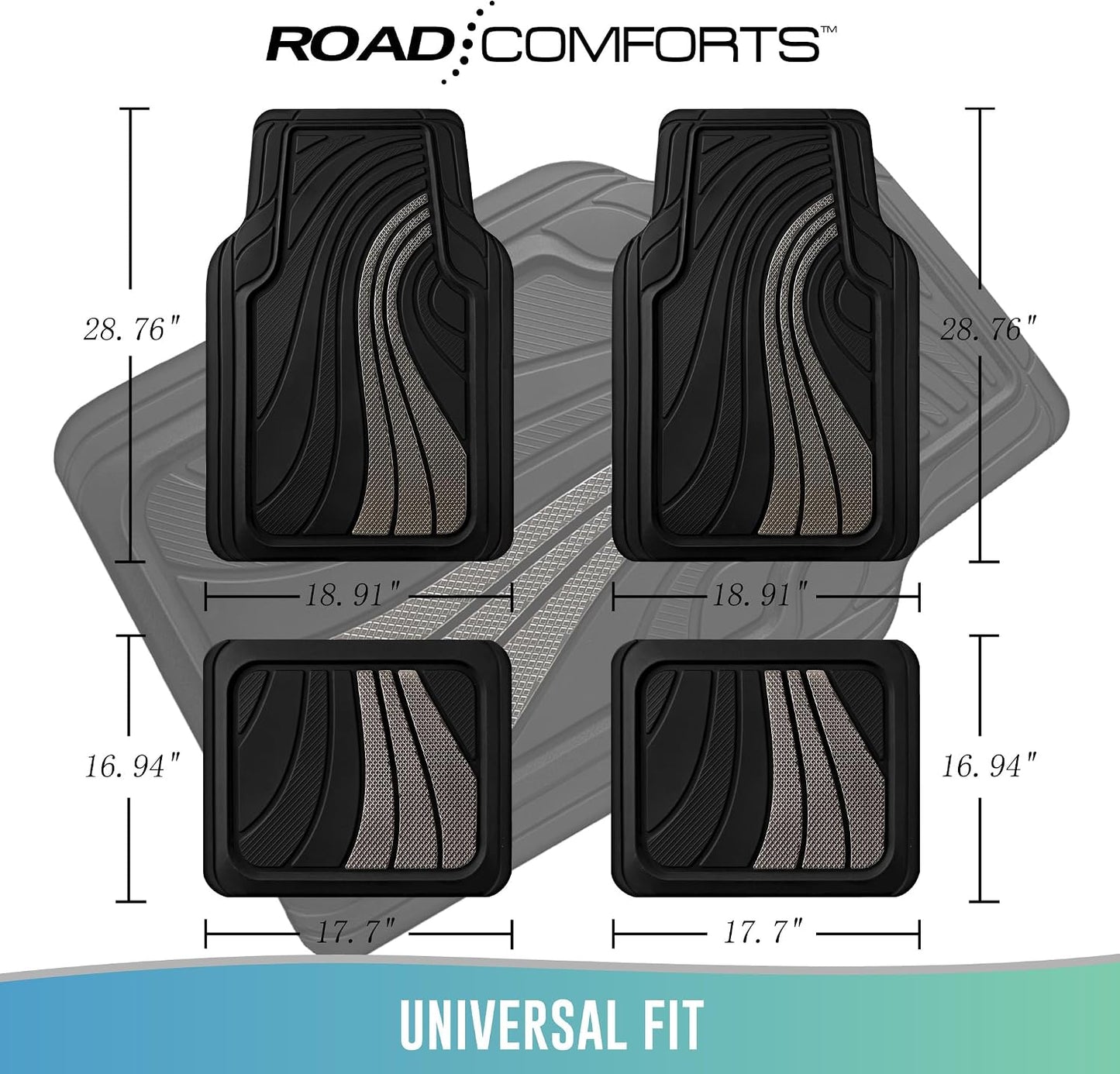 Road Comforts Car Floor Mats Full Set – Front & Rear Car Floor Mats with Aluminum Design, Anti-Slip Backing, All-Weather Protection, Trim-to-Fit Car Mats for Most Sedans, SUVs & Vans - Light Grey