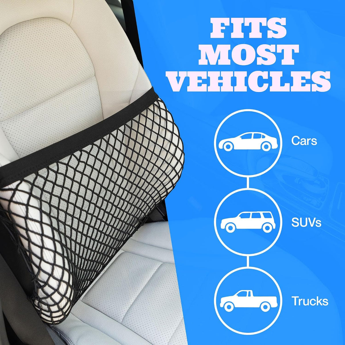 Car Seat Organizer Net and Front Seat Organizer - Elastic Net Holds Most Sizes and Shapes - Car Purse Holder