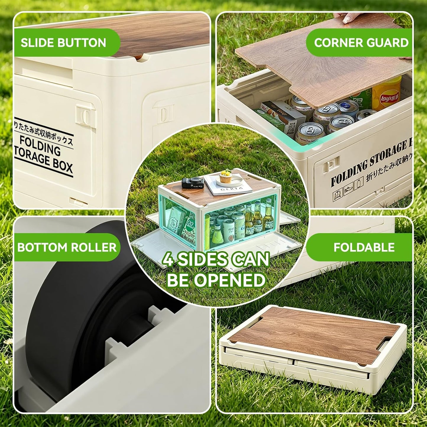 24L Collapsible Storage Bins with Wood-Look Lids, Stackable Utility Storage Containers with Wheels and Handles, Large Folding Storage Boxes for Organizing Tools, Snacks, Books, Drinks, Camping