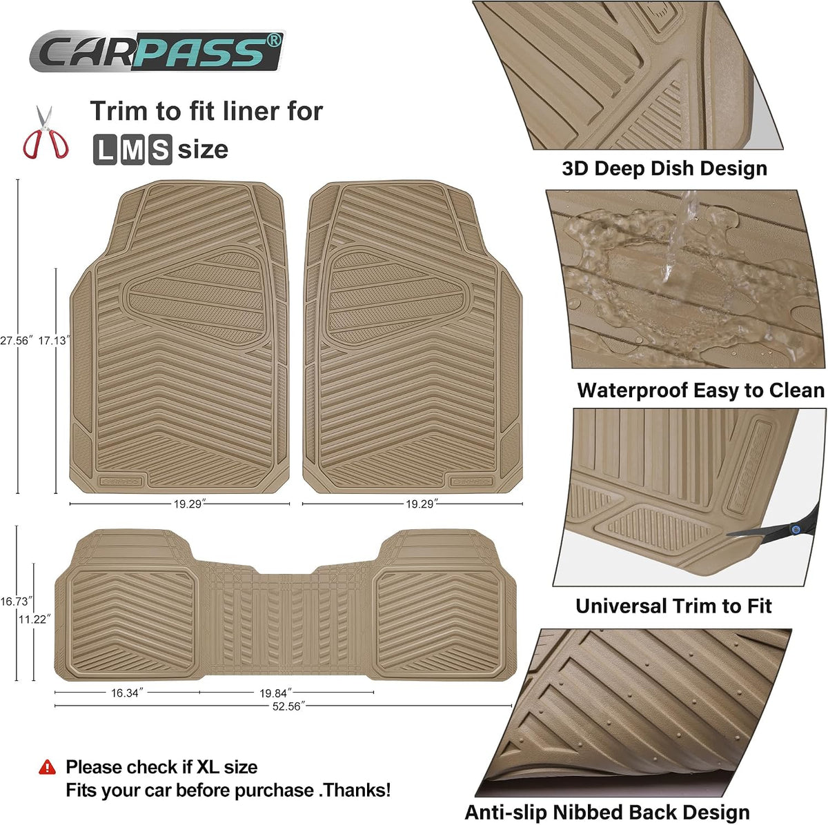 CAR PASS Rubber Car Mats, Waterproof Car Floor Mats All Weather Car Mat Full Set 3 Piece, Tan Automotive Floor Mat Trim to Fit for Cars Sedan SUVs Trucks, Anti-Slip Easy Clean, All Beige