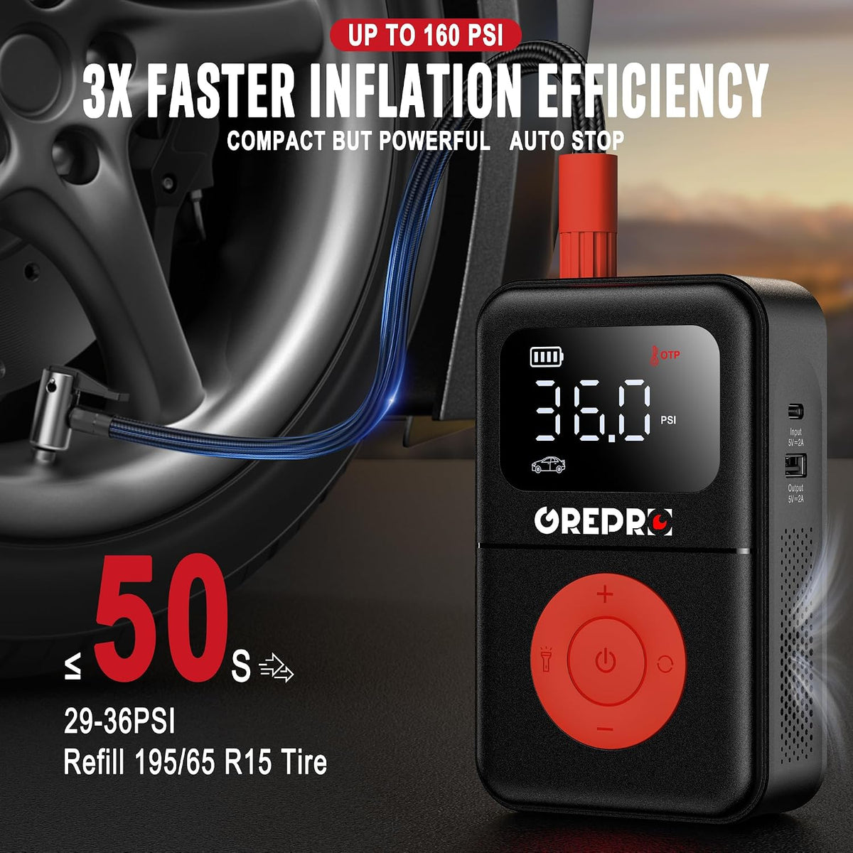 GREPRO Tire Inflator Portable Air Compressor, 160 PSI Portable Air Pump with Digital Pressure Gauge, LED Light, and Multiple Adapters for Car, Motorcycle, Bicycle, and Other Inflatables