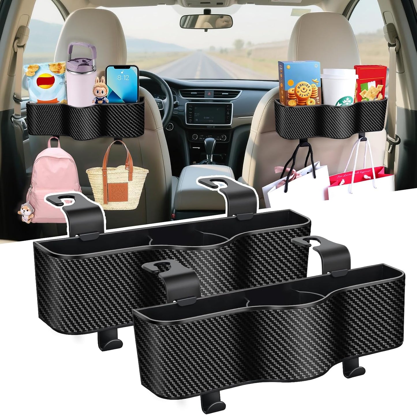 Backseat Car Organizer with Cup Holder - Multifunctional Back Seat Car Organizer with Two Seat Hooks, Fits Most Cars, Can Hold Snacks, Canned Drinks & Phones, Perfect for Travel