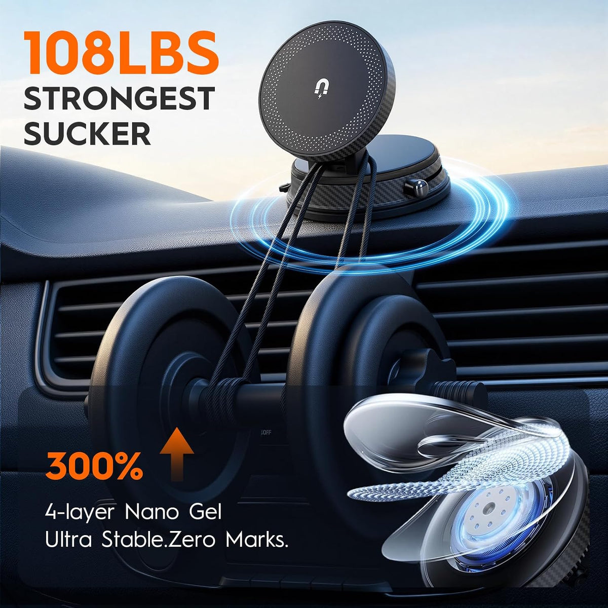 Magnetic Car Phone Holder for MagSafe, 15W Wireless Charging, 360° Adjustable Dashboard Mount, Compatible with iPhone 12-17 & Android (Black)