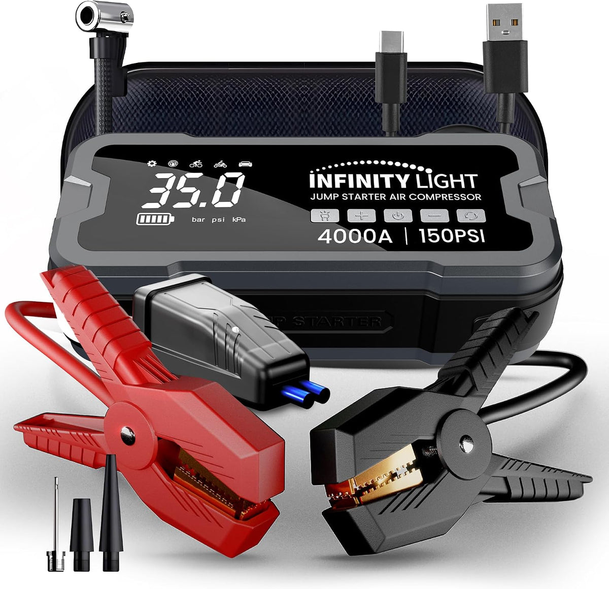 4000A Jump Starter 150 PSI Air Compressor Tire Inflator Cordless Air Pump, 12V Portable Car Battery Booster, LED Display, 12000mAh Power Bank, PD 18W Fast Charging, Flashlight – 10L Gas/8L Diesel