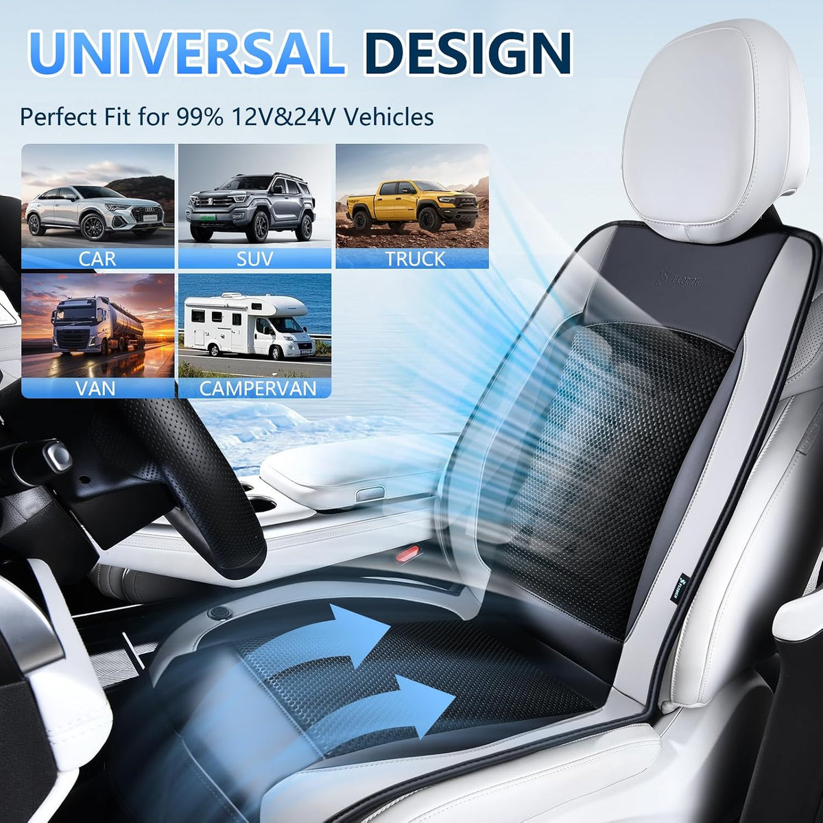 Upgraded Cooling Car Seat Cover Front Seat with Blowing&Suction, 12V-24V Ventilated Car Seat Cushion with 2 Turbo Fans, 3-Speed Adjustable Universal Fit Breathable Car Cushion for Summer Driving-Gray