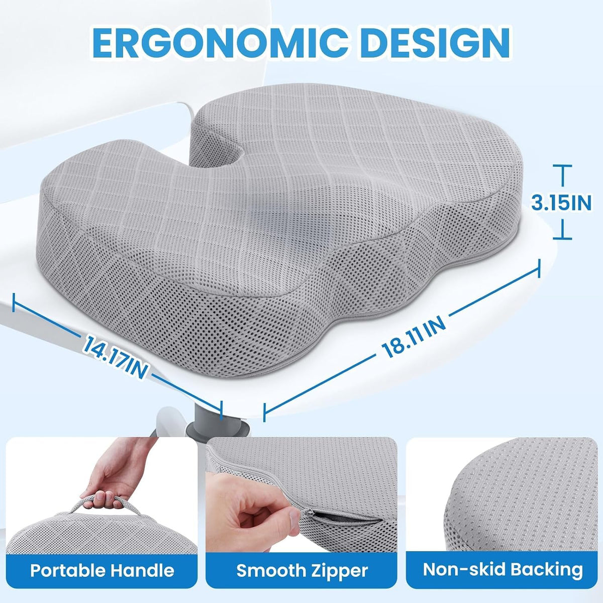 TushGuard Memory Foam Office Chair Seat Cushion - Light Grey, Large