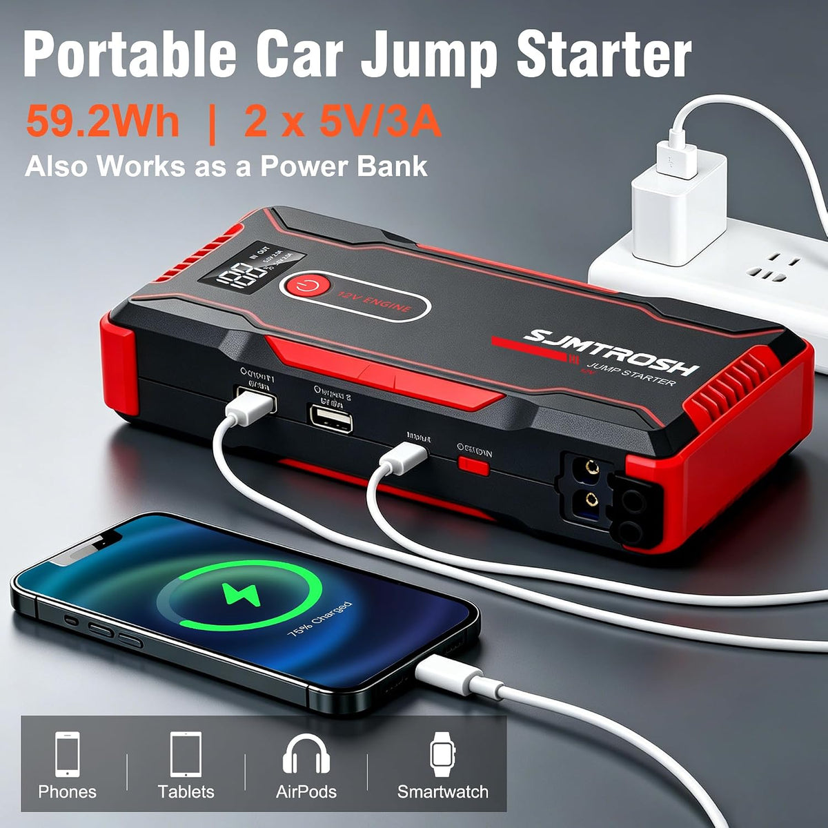 TM20 Jump Starter 5000A,Portable Car Battery Charger 12V(9L Gas/6L Diesel)