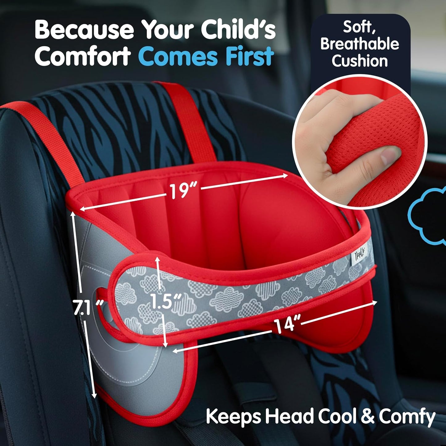 NapUp Adjustable Head Support for Car Seat – Patented & Crash-Tested Anti-Bobbing Head Holder Strap, Comfortable Sleep Solution - Breathable Fabric, Kids Travel Accessories - Ages 2+ - Red