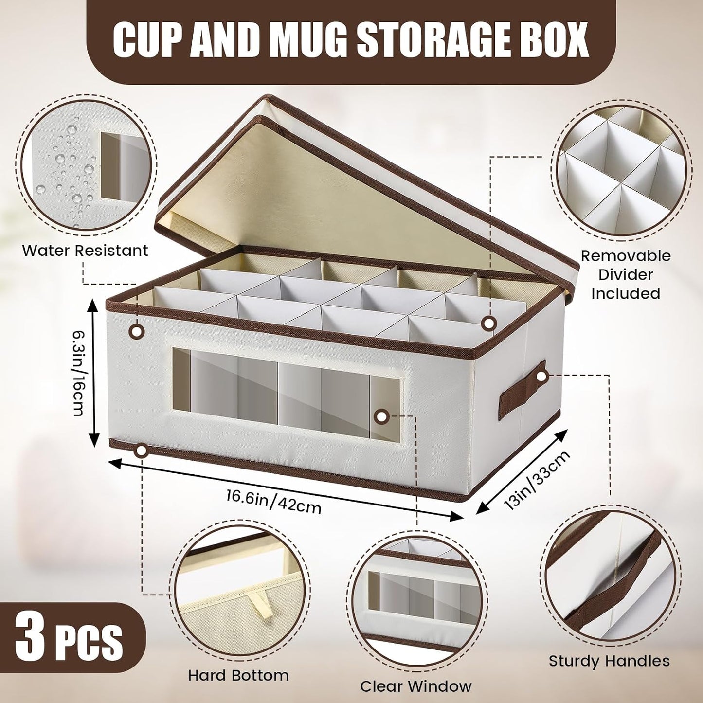 Norme 3 Pack Mug Storage Box with Dividers, 12 Compartments Stemware Storage Cases Champagne Flute Box with Lid Handle Window, Stackable China Container Organizer for Moving