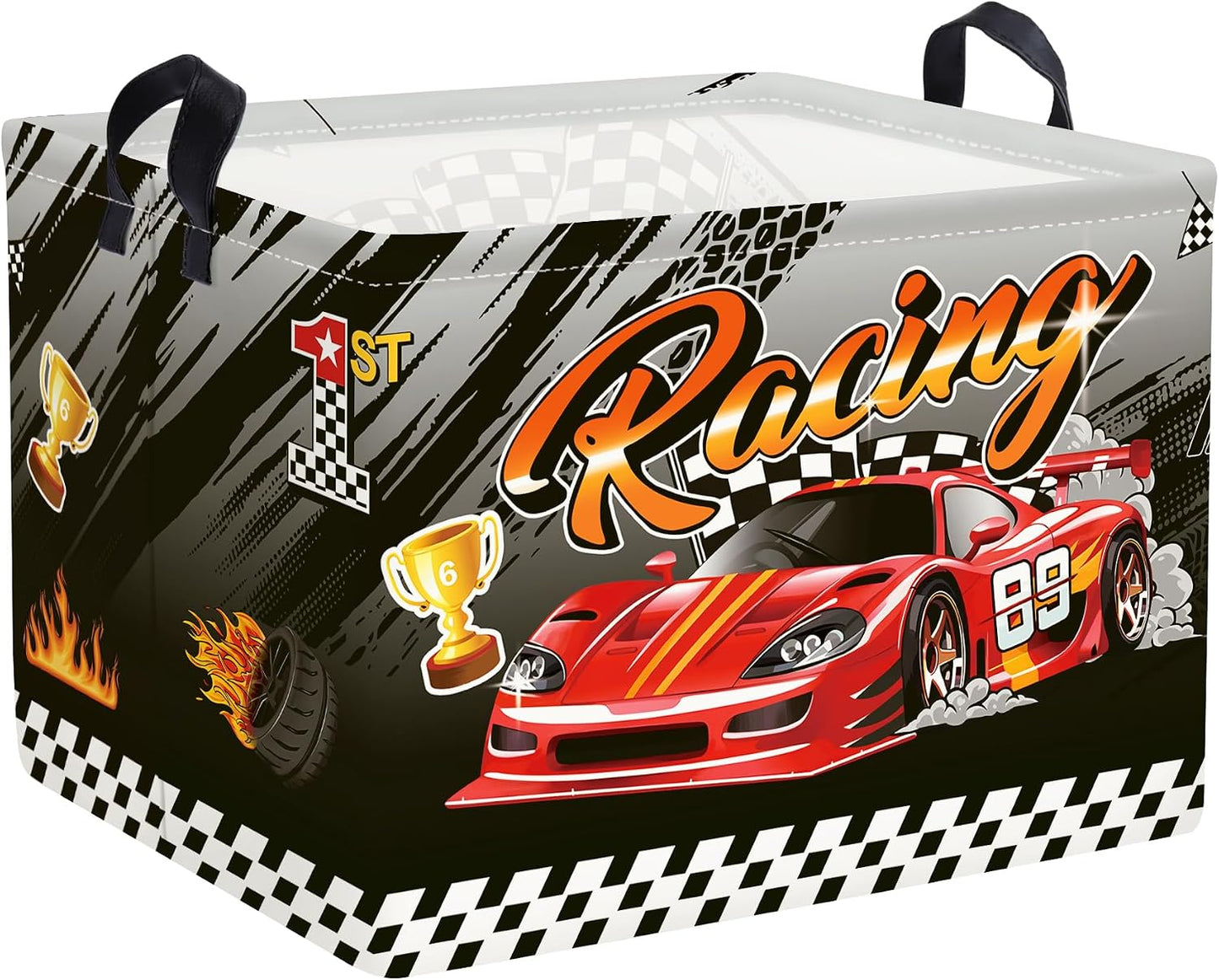 Clastyle Sport 3D Racing Car Boy Room Basket Racing Flag Monster Truck Toy Book Shelf Basket Large Rectangle Collapsible Dirty Clothes Storage Bin, Black, 40 * 30 * 30 cm