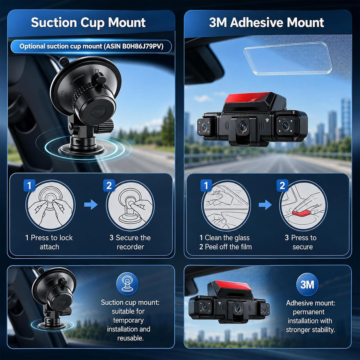 4 Channel 360° Dash Cam Front and Rear, 128GB Card, WiFi App Control, WDR