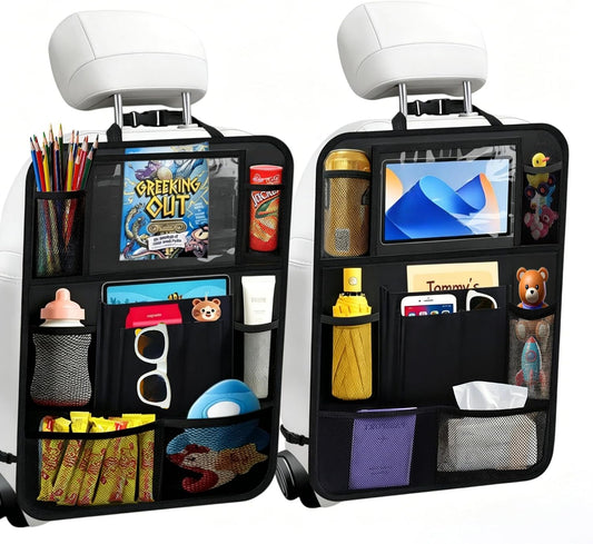 TCJJ Car Backseat Organizers with 10" Touch Screen Tablet Holder&9 Storage Pockets,Back Seat Organizer for Kids Waterproof Car Seat Organizer,Black/2 Pack