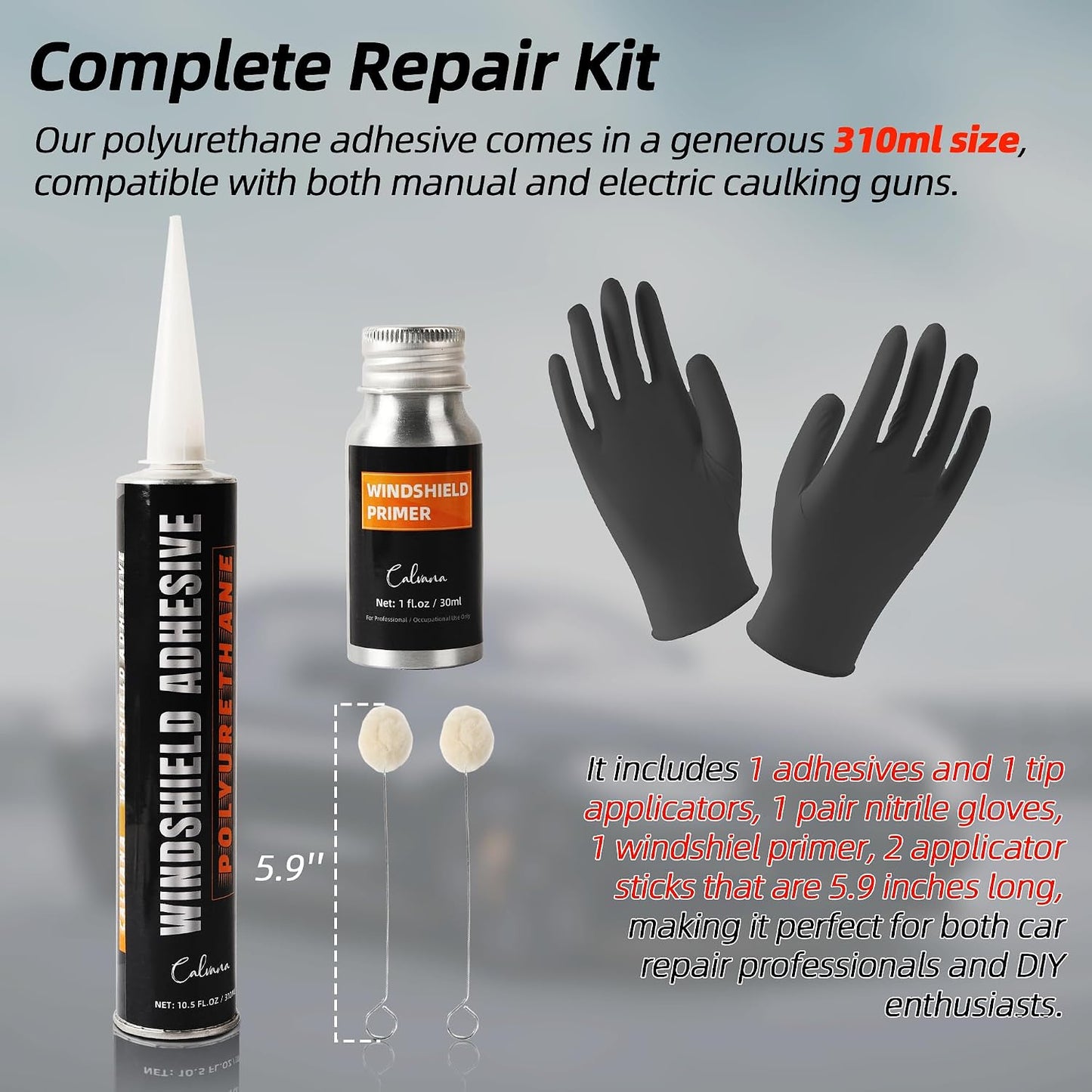 Calvana Urethane Windshield Adhesive 310ml, Automotive Polyurethane Sealant, Car Glass Chip & Crack Repair Kit with 1 windshiel Primer, 1 Pair Gloves, 2 Applicator Sticks, Quick Curing, Black