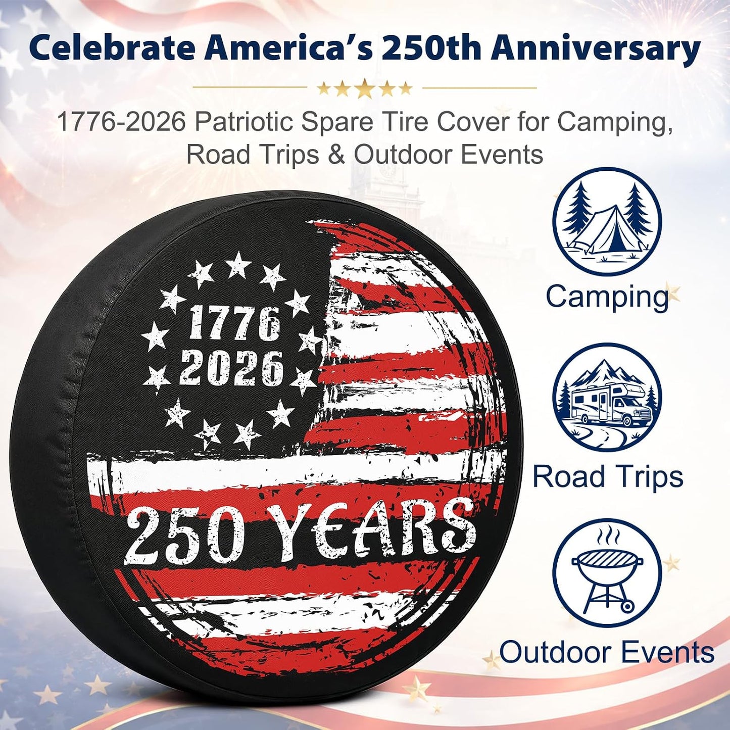 American Flag Spare Tire Cover 1776-2026 250 Years Vintage Patriotic Design, Weatherproof Dust-Proof Sun Protection Wheel Cover for Truck SUV RV Camper Trailer Outdoor Accessories