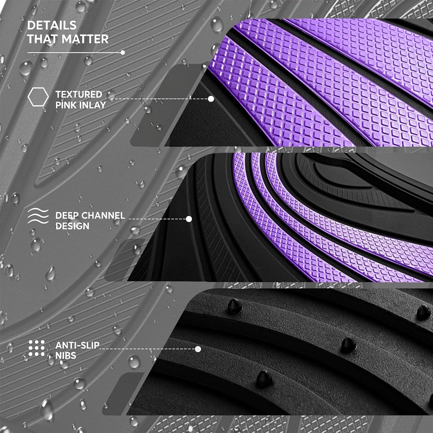 Road Comforts Car Floor Mats Full Set – Front & Rear Car Floor Mats with Aluminum Design, Anti-Slip Backing, All-Weather Protection, Trim-to-Fit Car Mats for Most Sedans, SUVs & Vans - Lighet Purple